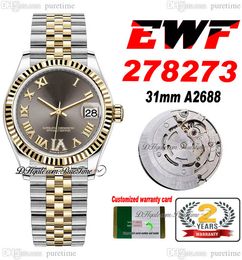 EWF 31mm 278273 ETA A2688 Automatic Ladies Watch Two Tone Yellow Gold Grey VI Roman Dial JubileeSteel Bracelet Super Edition Womens Same Series Card Puretime K11