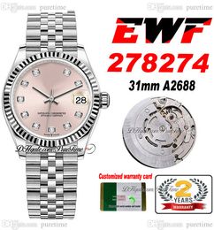 EWF 31mm 278274 ETA A2688 Automatic Ladies Watch Fluted Bezel Pink Dial Diamonds Markers JubileeSteel Bracelet Super Edition Womens Same Series Card Puretime B2