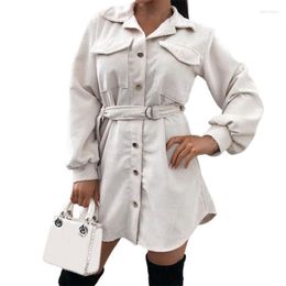 Women's Trench Coats Women's Shirt Dress Solid Color Double Pockets Autumn Winter Turndown Collar Lace-up Coat For Office Mini Vintage