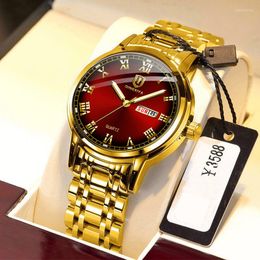 Wristwatches QINGXIYA Top Gold Red Quartz Watch Men Stainless Steel Luminous Waterproof Watches Week Calendar Business
