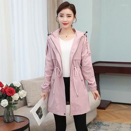 Women's Jackets Women's Hooded Jacket 2022 Windbreaker Spring Korean Drawstring Coat Fashion Long Beige Streetwear Clothes Casual