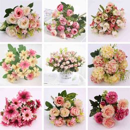 Faux Floral Greenery Silk Diy Daisy Camellia Artificial Flowers Small Rose Bride Bouquet Xmas Party Decor Faux Fake Flowers Wedding Home Decoration J220906