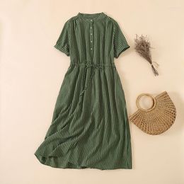 Casual Dresses Summer Woman Elegant Midi Dress Vintage Stripe Stand Collar Party Vestidos Cotton Linen Drawstring Shirt For Women