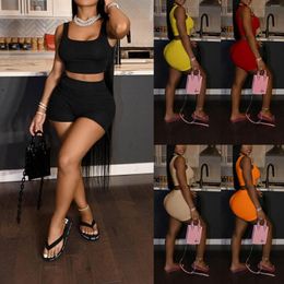 Gym Clothing Women Sport Set Solid Colour Sleeveless Low-cut Cropped Tops High Waist Short Pants 2022 Fashion