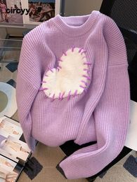 Women s Sweaters Circyy Purple for Women O Neck Loose Heart Sweet Chic Pullovers Simple Knitted Autumn Winter Long Sleeve Jumpers 220913