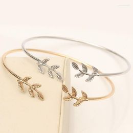 Bangle Adjustable Gold Plated Silver Colour Love Leaf Crystal Rhinestone Heart Cuff Bracelets For Women Girls Jewellery Gift