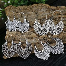 Vintage Hoop Earrings For Women Ethnic Gypsy Geometric Hollow Carved Flower Leaf Jewellery Antique Silver Colour Fashion Earrings