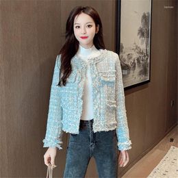 Women's Jackets Korea Women Long Sleeve Wool Coat Short Design Plaid 2022 Spring Buttons Up Elegant Coats