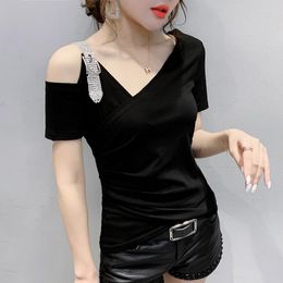 Women's T Shirts Summer Dress Sexy Off-the-shoulder V-neck T-shirt Fashion Drill Top Slim Fit And Western-style Shirt