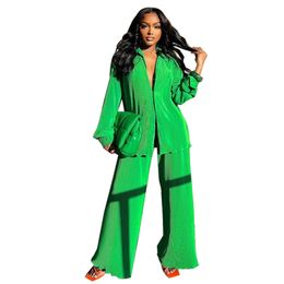 Women's Two Piece Pants Adogirl Loose Pleated Women's Two Piece Set Sexy Single Breated Long Sleeve Shirt Long Top Wide Leg Pants Tracksuit Outfits 220913