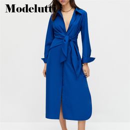 Casual Dresses Modelutti Spring Long Sleeve Side Knot Design Poplin Women Solid Colour Elegant Simple Female Robe 220913