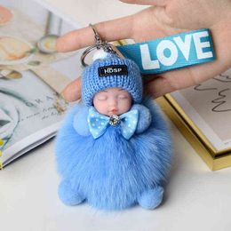 Keychains Real Fox Fur Pompom Sleeping Baby Keychain Cute Fluffy Plush Doll Women Girl Bags Keyring Cars Key Ring Gift Charming Decoration T220909