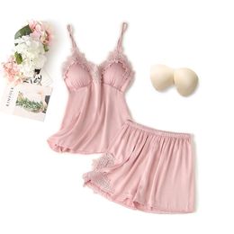 Women's Sleepwear Women Lace Flower Trim 2PCS Women Pajamas Set Sexy Strap Top Shorts With Bra Sleepwear Summer Casual Solid Satin Nightwear 220913