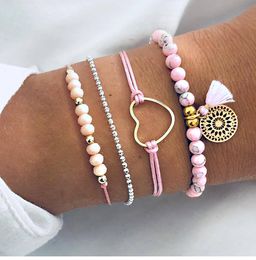 Artificial beaded jelly powder Bohemian wind woven bead chain love anchor tassel bracelet contrast suit Jewellery