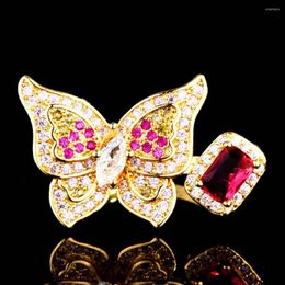 Cluster Rings QLuxury 18K Gold Colour Butterfly Ring Luxury Ruby Inlay For Women Atmosphere Wedding Anniversary Party Trend Jewellery 2022