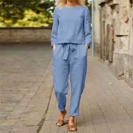 Women's Two Piece Pants Women Elegant 2PCS Solid Suits ZANZEA Autumn Casual Long Sleeve Blouse Elastic Waist Long Pants Oversized Cotton Matching Sets 220913