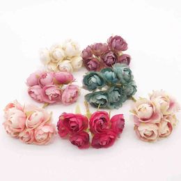Faux Floral Greenery 6 pcsbunch of silk rose small bud tea artificial flowers home decoration wedding party DIY gift box Christmas wreath J220906
