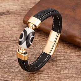 Charm Bracelets Luxury Mens Jewelry Natural Oval Stone Beads Bracelet Black Braided Leather Rope Stainless Steel Magnetic Clasp For Male