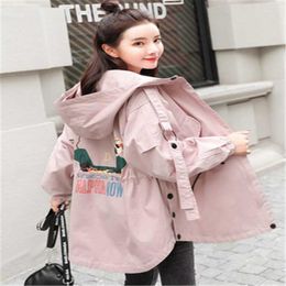 Women's Trench Coats Plus Size Spring Autumn Print Windbreaker Long Sleeve Hooded Women's Loose Big Jacket 986