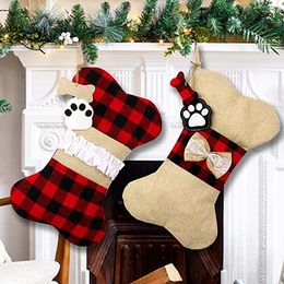 16.5inch Pet Dog Bone Paw Christmas Stocking Ornaments Burlap Plaid Xmas Tree Large Gift Bags Hanging Fireplace Christmas Decorations For Family Holiday Party