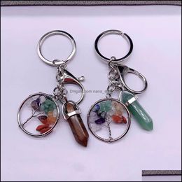 Keychains Natural Stone Hexagonal Prism Quartz Keychain Colorf Gravel Tree Of Life Key Ring For Women Men Handbag Hangle Dhseller2010 Dhq2E