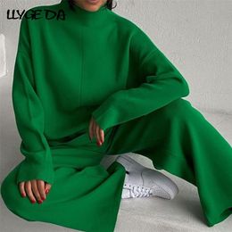 Women's Two Piece Pants Knitted Women's Trousers Suit Two Piece Set Green Winter Loose Long Sleeve Knitwear Flare Pants Sets Female Casual Suits 220913