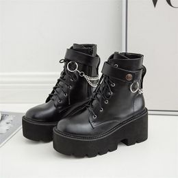 Boots Sexy Chain Women Leather Autumn Boots Block Heel Gothic Black Punk Style Platform Shoes Female Footwear High Quality 220913