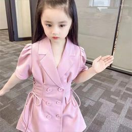 Girl Dresses Fashion Trend Kids Clothes Waist Tie All-match Girls Dress Solid Color Short Sleeve Princess Skirt British Style Summer