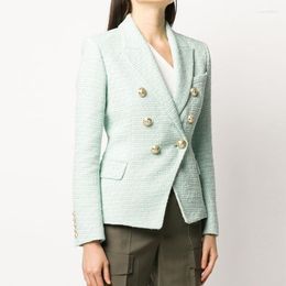 Women's Suits High Quality Est Nice Designer Jacket Women's Classic Metal Lion Buttons Double Breasted Tweed Blazer Mint Green