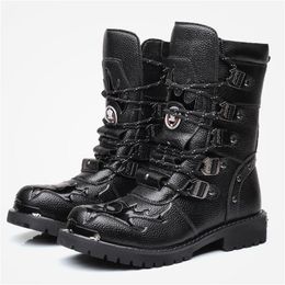 Boots Mens Leather Motorcycle Male MidCalf Snow Military Combat Gothic Belt Punk Zapatillas Hombre 220913