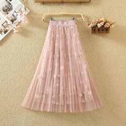 Skirts 2022 Spring Elastic High Waist Slimming Simple Embroidery Mesh Skirt All-match Casual Women A-line Lace