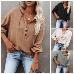 Women's T Shirts Women's T-Shirt Fall/Winter Clothing Solid Color Fashion Hooded Lace-up Drawstring Long Sleeve Button Sweatshirt