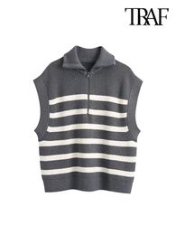 Women's Vests TRAF Women Fashion Front Zip Loose Striped Knit Vest Sweater Vintage High Neck Sleeveless Female Waistcoat Chic Tops 220913