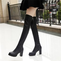 Boots Autumn Winter Womens Pu Leather Over The Knee Boots Back Zip Thick High Heel Platform Thigh Boots Ladies Fashion Shoe Black 220913