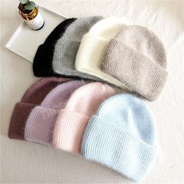 Wool Hats Winter Womens Beanie Skullies Thick Rabbit Fur Thick Solid Luxury Outdoor Warm Casual Hat for Women