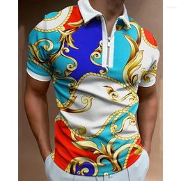 Men's Polos Summer Men's Clothing Shirts Casual Turn-Down Collar Zipper Flowers Print Short Sleeve Tee Shirt Men Streetwear Tops