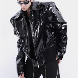 Men's Leather Faux Leather Mauroicardi Spring Autumn Loose Black Shiny Reflective Patent Leather Jacket Men Long Sleeve Zipper Oversized Designer Clothes 220913