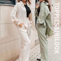 Women's Two Piece Pants Toppies Women Two Piece Set Casual Shirt Office Lady Long Sleeve Blouse Chic Elastic Waist Summer Long Trousers Pants 220913