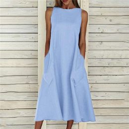 Casual Dresses Women Long Dress Summer 2022 Solid Sleeveless Pocket Bohemian Loose Plus Size For Party Wear