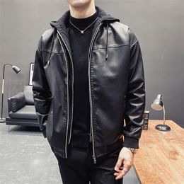 Men's Leather Faux Spring and Autumn Casual Loose Pu Long-sleeved Jacket Fake Two-piece Hooded Design Soft for Men 220913