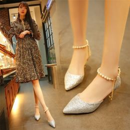 Dress Shoes Comemore Trend Pointed Toe Wedding Bride High Heels Shoes Female Low Small Heel Sandals Party Mules Gold Silver Women Pumps 220913