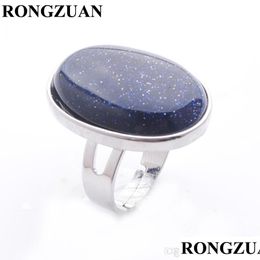 Solitaire Ring Blue Sand Natural Stone Oval Cabochon Bead Adjustable Finger Ring For Men Women Party Rings Fashion Jewelr Carshop2006 Dhezu