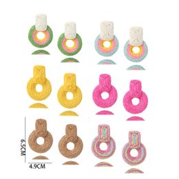 Handmade Raffia Round Earrings Stud for Women Girls Boho Woven Straw Circle Dangle Drop Rattan Ear Jewellery Chakra Healing Yoga Jewellery