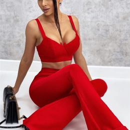 Women's Two Piece Pants Women's Bandage Set 2 Pieces Strap Sleeveless Bustiers And Long Bell-Bottoms Trousers Sexy Celebrity Party Sheath Vestidos 220913