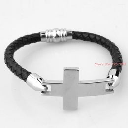 Link Bracelets Men Jewellery Black Leather Bracelet Hand Chain Vintage Accessories Cross Design Stainless Steel Clasps Male