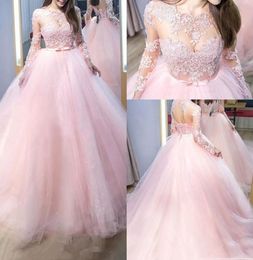 2023 Pink Quinceanera Dresses With Lace Applique Beaded Tulle Ribbon Ball Gown Long Sleeves Sweet 16 Birthday Party Prom Formal Evening Wear Vestidos 403 403