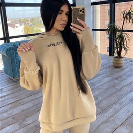 Women's Two Piece Pants Hoodies Suit Winter Letter Solid Casual Warm Tracksuit Women Fleece 2 Pieces Set Sports Sweatshirts Pullover Sweatpants Outfits 220913