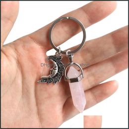 Keychains Alloy Crescent Moon Charms Keychain Natural Stone Hexagonal Column Couple Keyrings Women Rose Quartz Key Chain Dhseller2010 Dhrqe