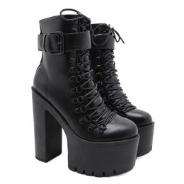 Boots Fashion Motorcycle Boots Women Leather Spring Autumn Metal Buckle High Heels Shoes Zipper Black Ankle Boots Woman Lacing 220913