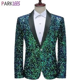 Men's Suits Blazers Shiny Green Sequins Bling Glitter Men Shawl Collar One Button Tuxedo Mens Wedding Party Stage Costumes 220912